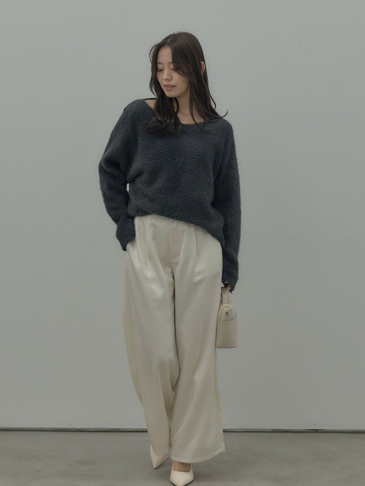 ラウンドネックシャギーニットトップス