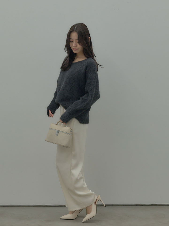 【SET】ラウンドネックシャギーニットトップス+【Essential】センタープレスサテンパンツ(2set)