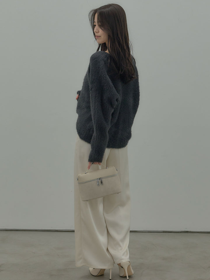 【SET】ラウンドネックシャギーニットトップス+【Essential】センタープレスサテンパンツ(2set)