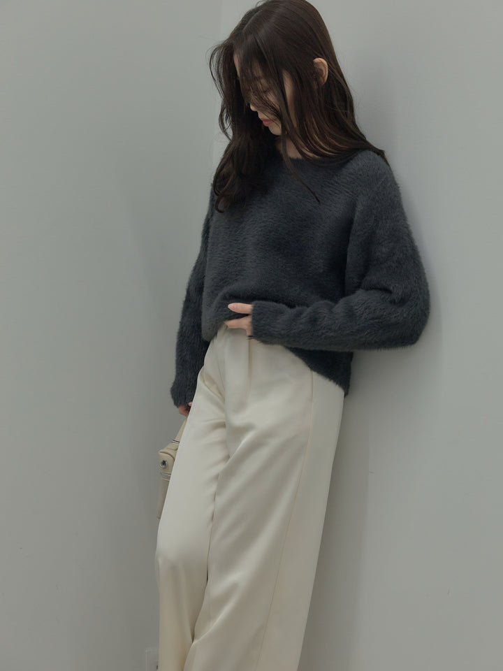 【SET】ラウンドネックシャギーニットトップス+【Essential】センタープレスサテンパンツ(2set)