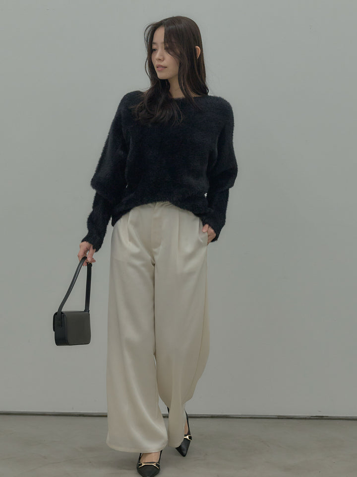 【SET】ラウンドネックシャギーニットトップス+【Essential】センタープレスサテンパンツ(2set)