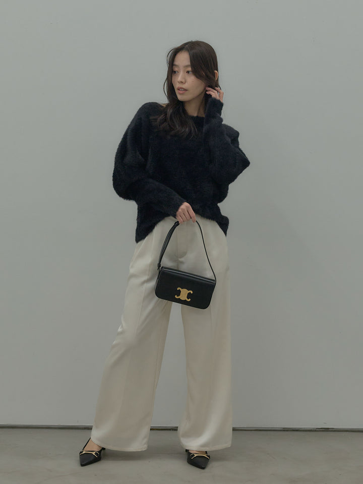 【SET】ラウンドネックシャギーニットトップス+【Essential】センタープレスサテンパンツ(2set)