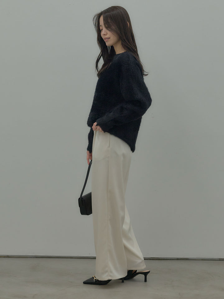 【SET】ラウンドネックシャギーニットトップス+【Essential】センタープレスサテンパンツ(2set)