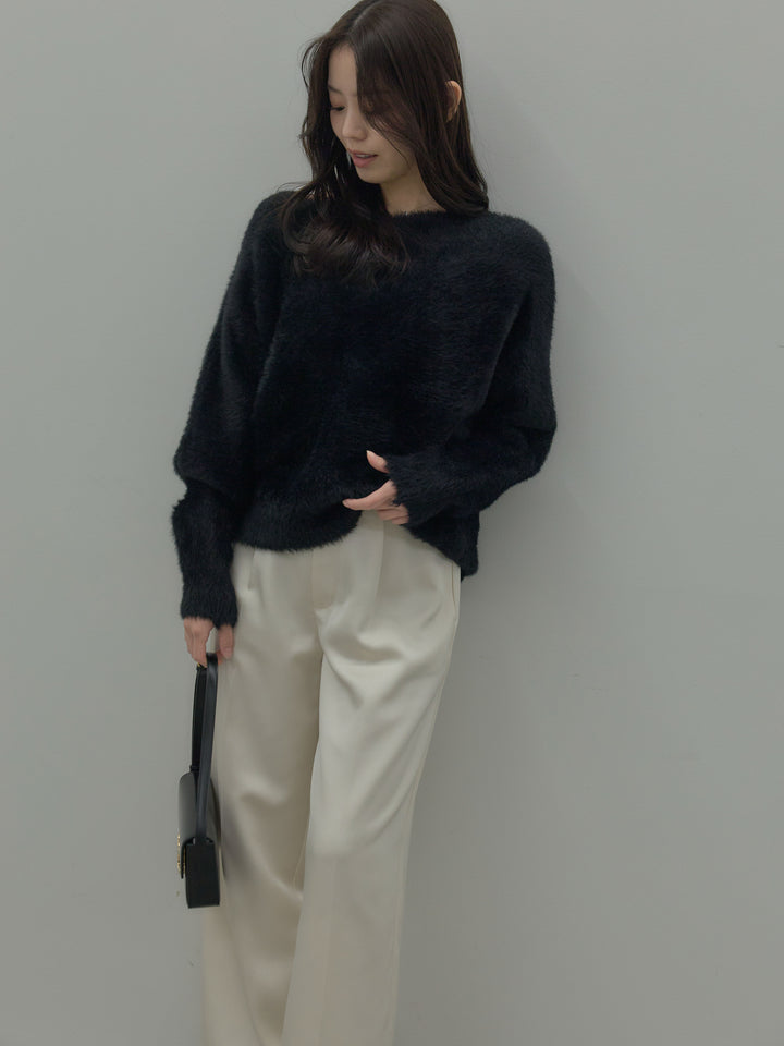 【SET】ラウンドネックシャギーニットトップス+【Essential】センタープレスサテンパンツ(2set)