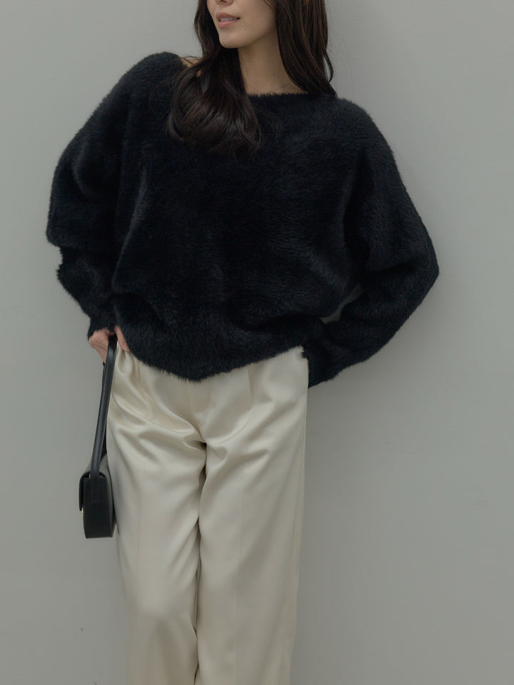 【SET】ラウンドネックシャギーニットトップス+【Essential】センタープレスサテンパンツ(2set)