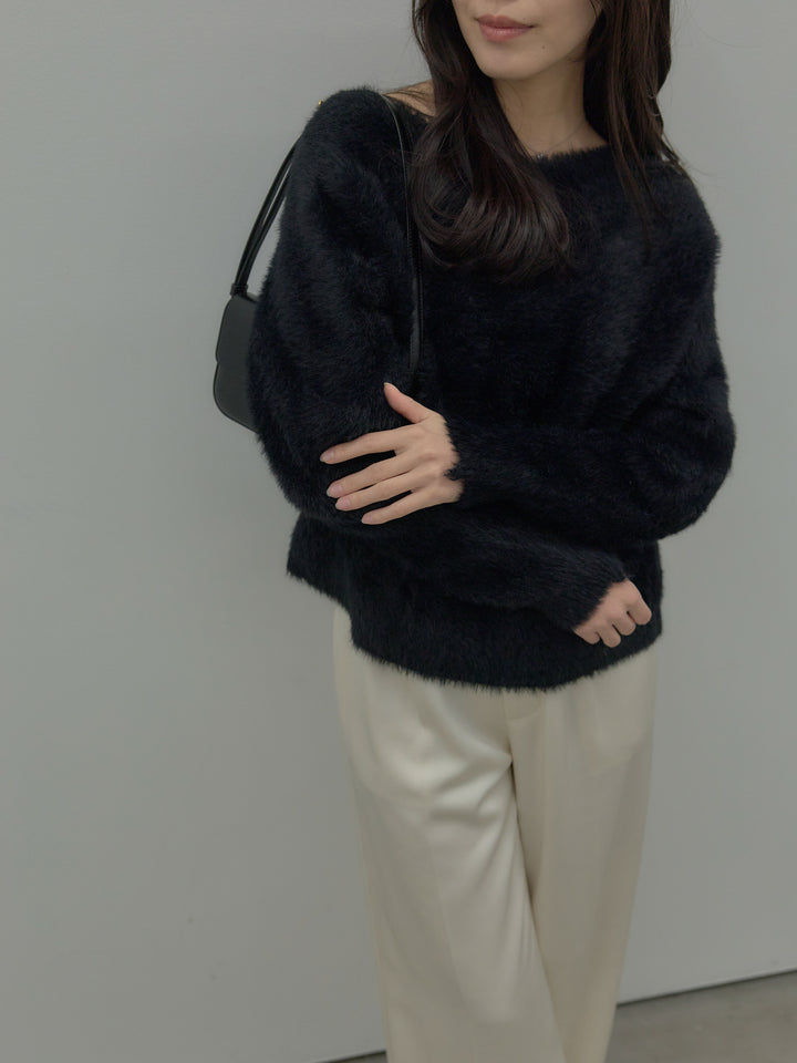 ラウンドネックシャギーニットトップス