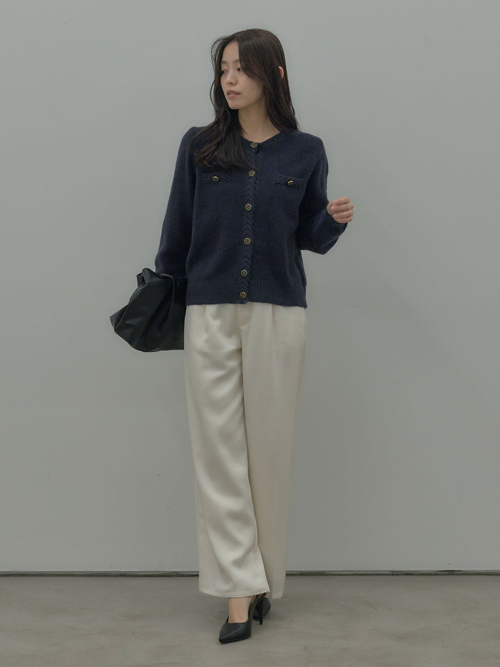 【SET】ゴールドボタンニットカーディガン+【Essential】センタープレスサテンパンツ(2set)