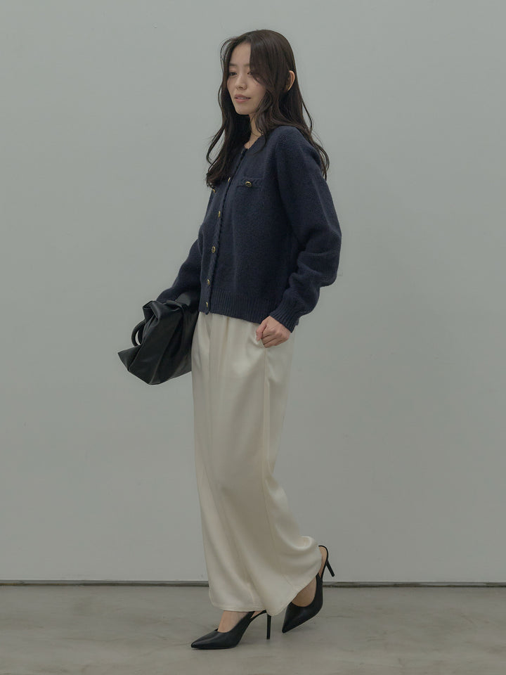【SET】ゴールドボタンニットカーディガン+【Essential】センタープレスサテンパンツ(2set)