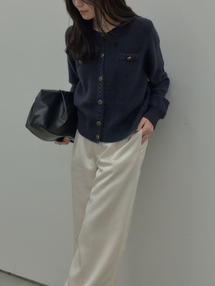 【SET】ゴールドボタンニットカーディガン+【Essential】センタープレスサテンパンツ(2set)