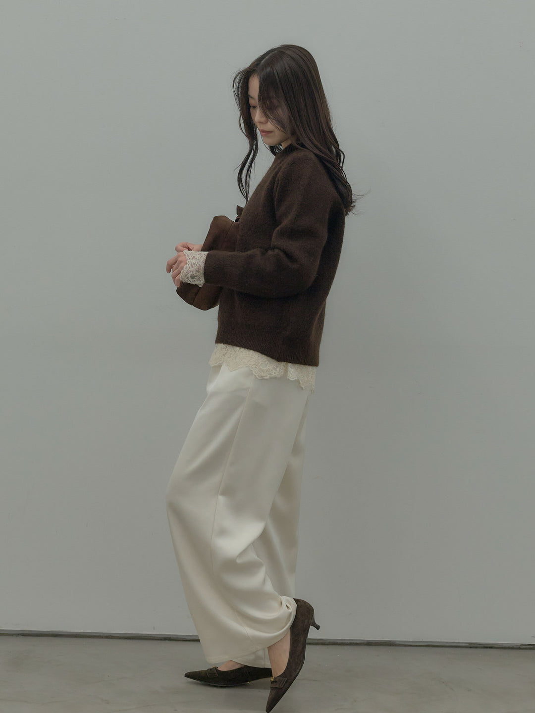 【SET】【premium touch】 ルーズニットプルオーバー+ チュールレーストップス+【Essential】センタープレスサテンパンツ(3set)