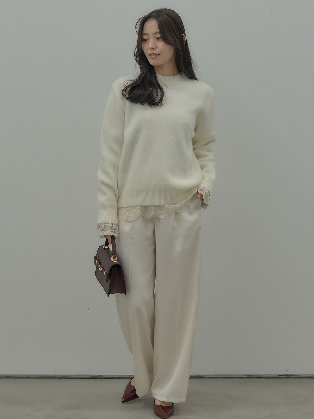 【SET】【premium touch】 ルーズニットプルオーバー+ チュールレーストップス+【Essential】センタープレスサテンパンツ(3set)