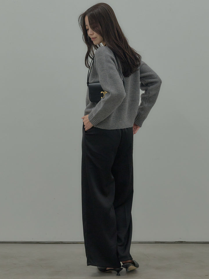 【SET】ゴールドボタンニットカーディガン+【Essential】センタープレスサテンパンツ(2set)