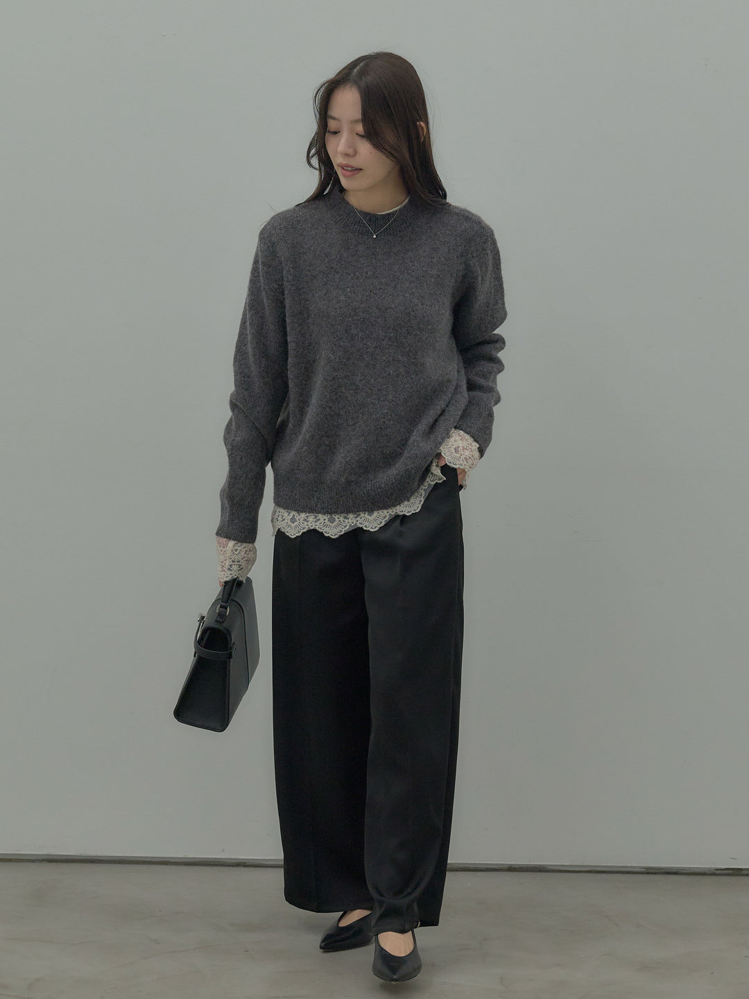 【SET】【premium touch】 ルーズニットプルオーバー+ チュールレーストップス+【Essential】センタープレスサテンパンツ(3set)