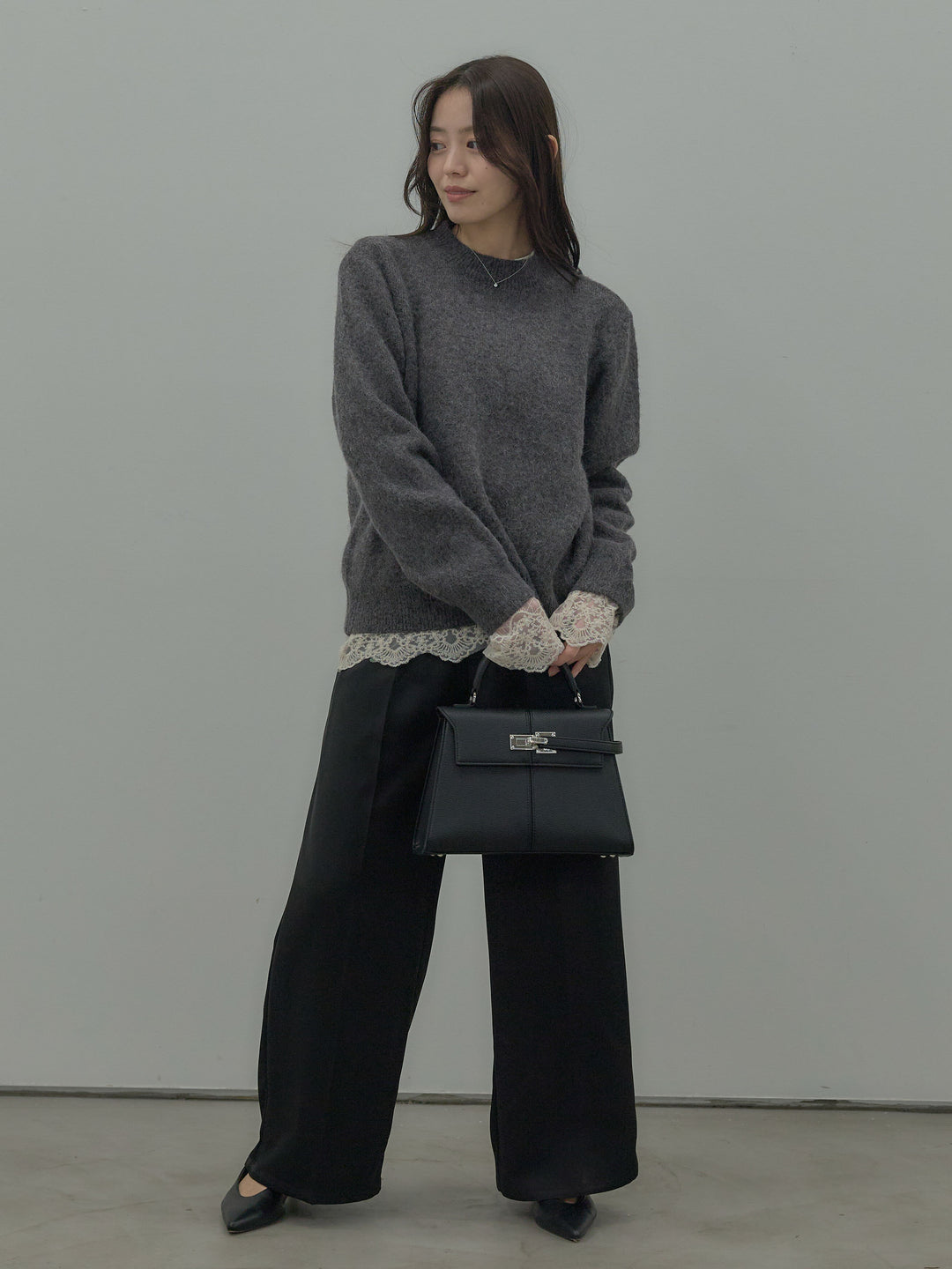 【SET】【premium touch】 ルーズニットプルオーバー+ チュールレーストップス+【Essential】センタープレスサテンパンツ(3set)