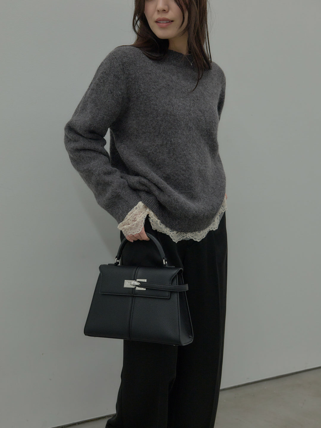 【SET】【premium touch】 ルーズニットプルオーバー+ チュールレーストップス+【Essential】センタープレスサテンパンツ(3set)