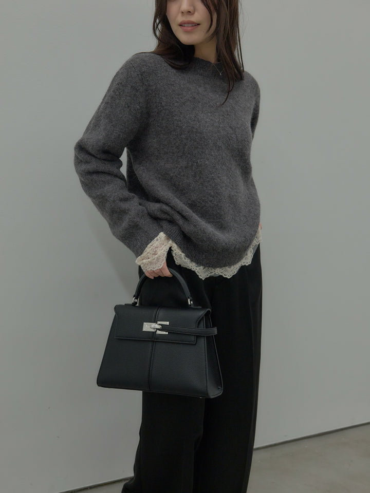 【SET】【premium touch】 ルーズニットプルオーバー+ チュールレーストップス+【Essential】センタープレスサテンパンツ(3set)