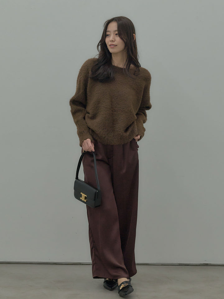 ラウンドネックシャギーニットトップス