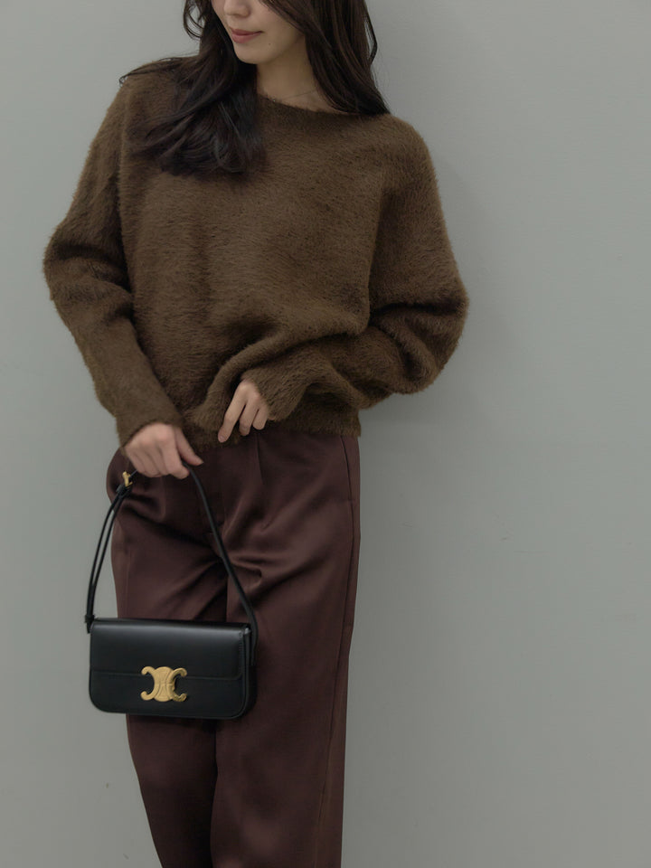 【SET】ラウンドネックシャギーニットトップス+【Essential】センタープレスサテンパンツ(2set)