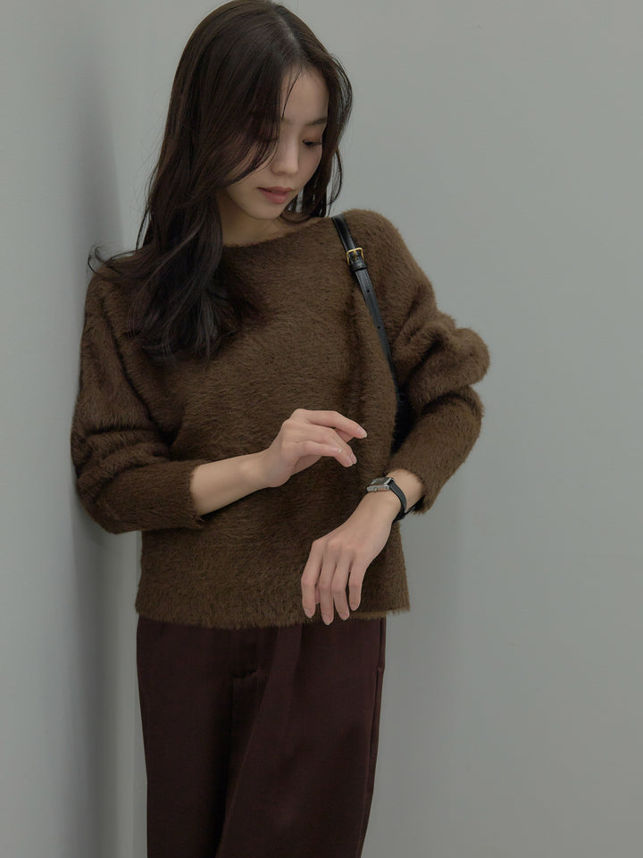 【SET】ラウンドネックシャギーニットトップス+【Essential】センタープレスサテンパンツ(2set)