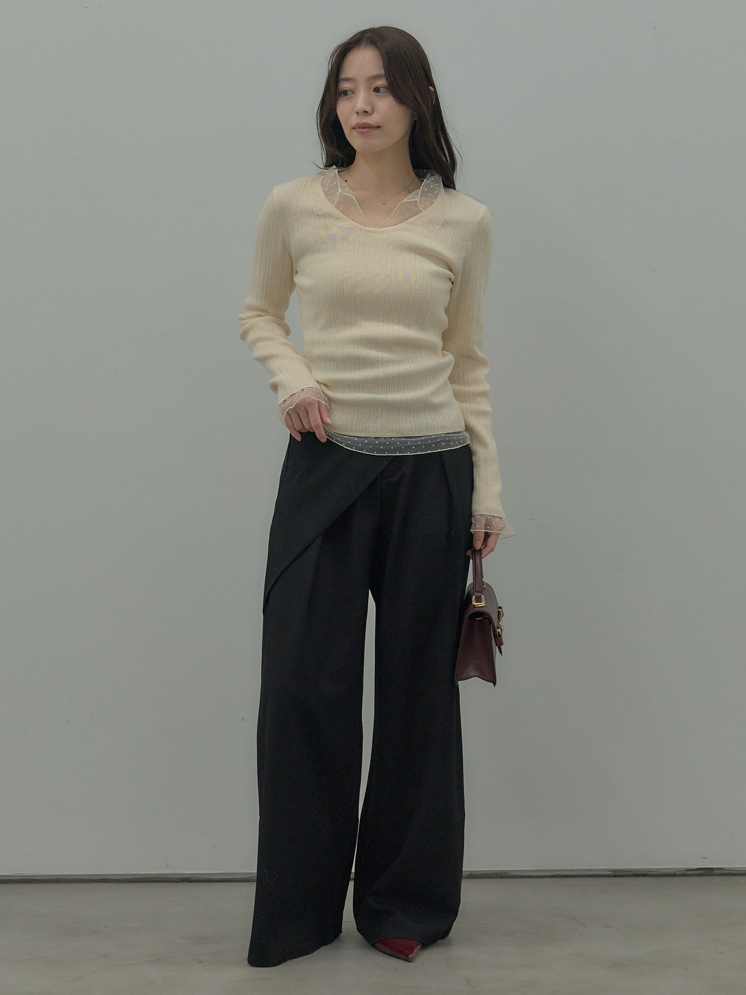 【SET】ドットチュールデザインニットトップス +ウエストラップワイドパンツ(2set)