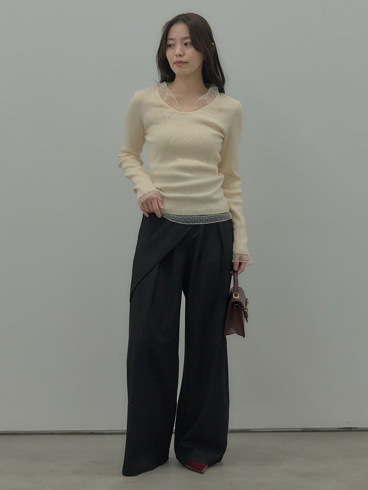 【SET】ドットチュールデザインニットトップス +ウエストラップワイドパンツ(2set)