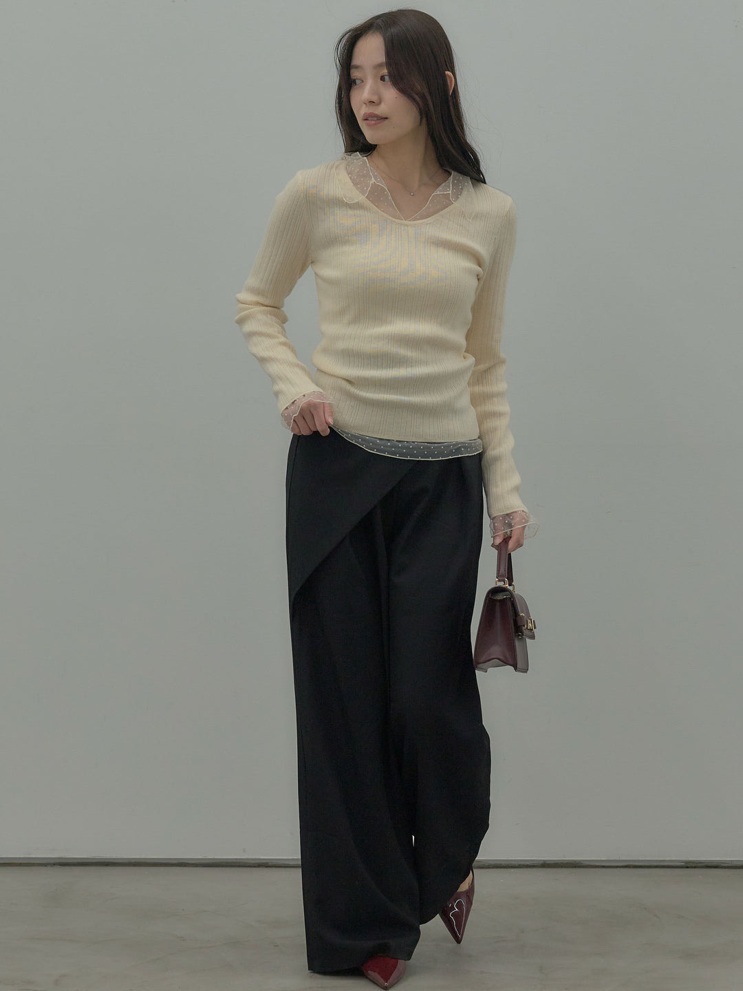 【SET】ドットチュールデザインニットトップス +ウエストラップワイドパンツ(2set)