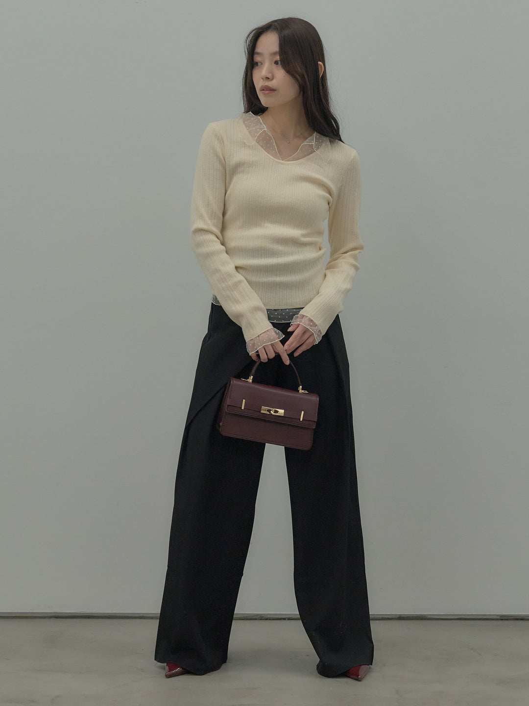 【SET】ドットチュールデザインニットトップス +ウエストラップワイドパンツ(2set)