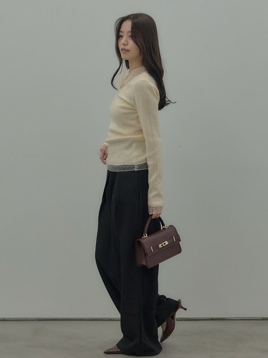 【SET】ドットチュールデザインニットトップス +ウエストラップワイドパンツ(2set)