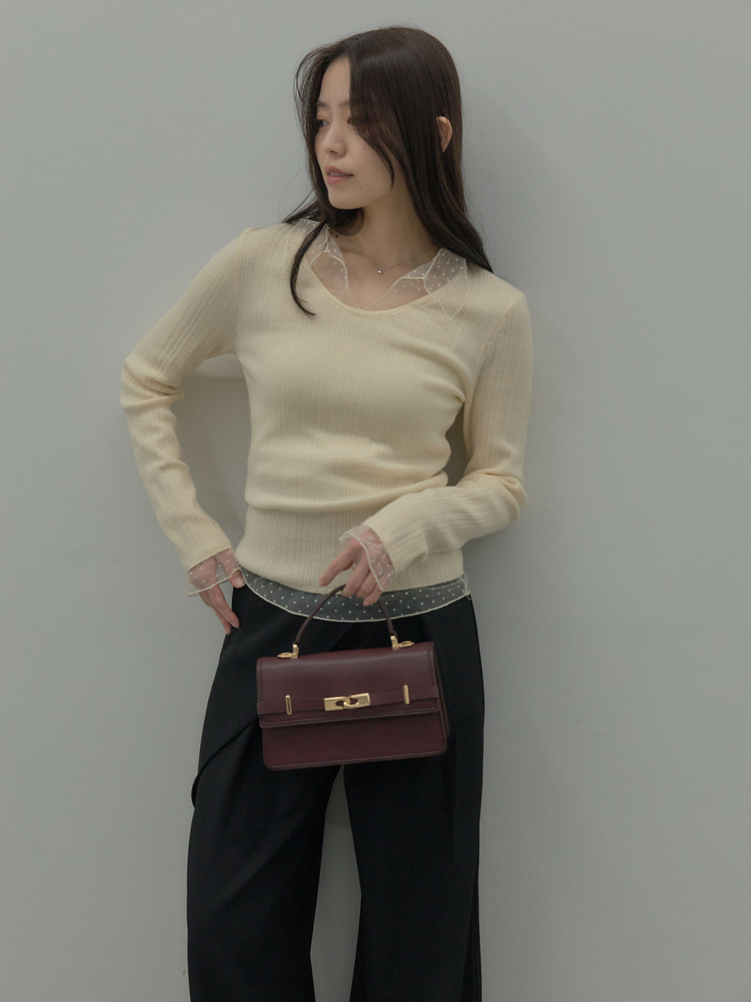 【SET】ドットチュールデザインニットトップス +ウエストラップワイドパンツ(2set)