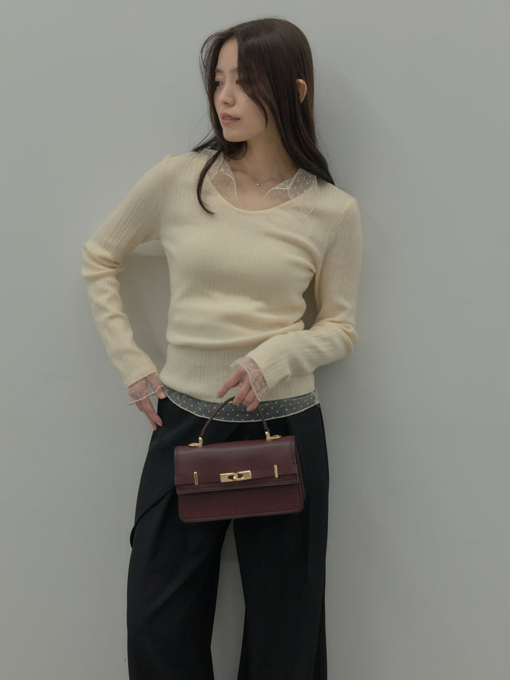 【SET】ドットチュールデザインニットトップス +ウエストラップワイドパンツ(2set)