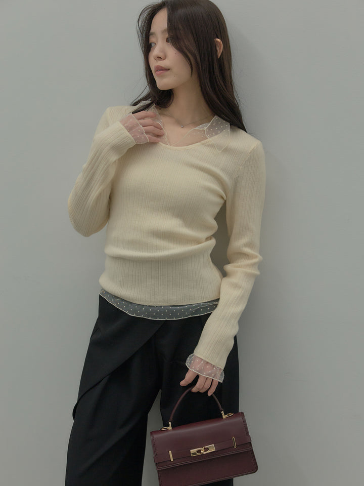 【SET】ドットチュールデザインニットトップス +ウエストラップワイドパンツ(2set)