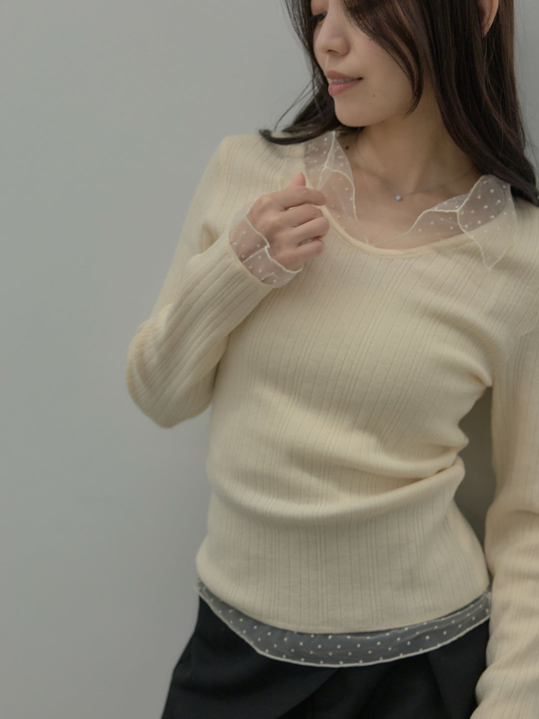 【SET】ドットチュールデザインニットトップス +ウエストラップワイドパンツ(2set)