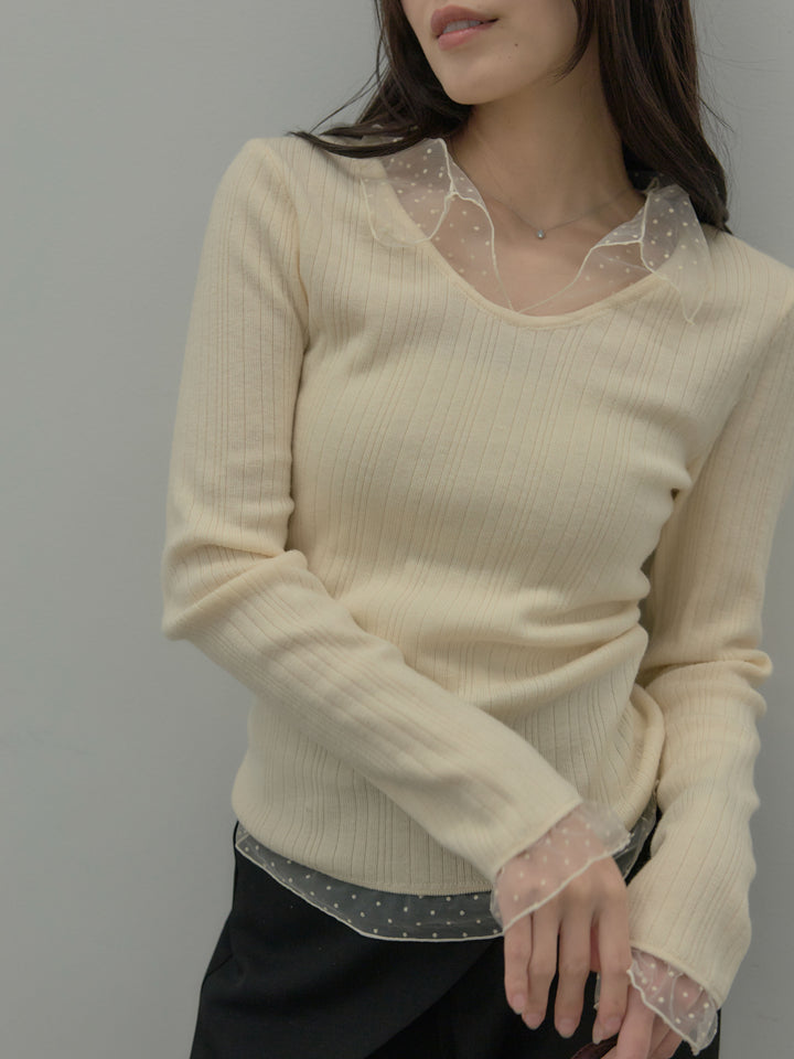 【SET】ドットチュールデザインニットトップス +ウエストラップワイドパンツ(2set)