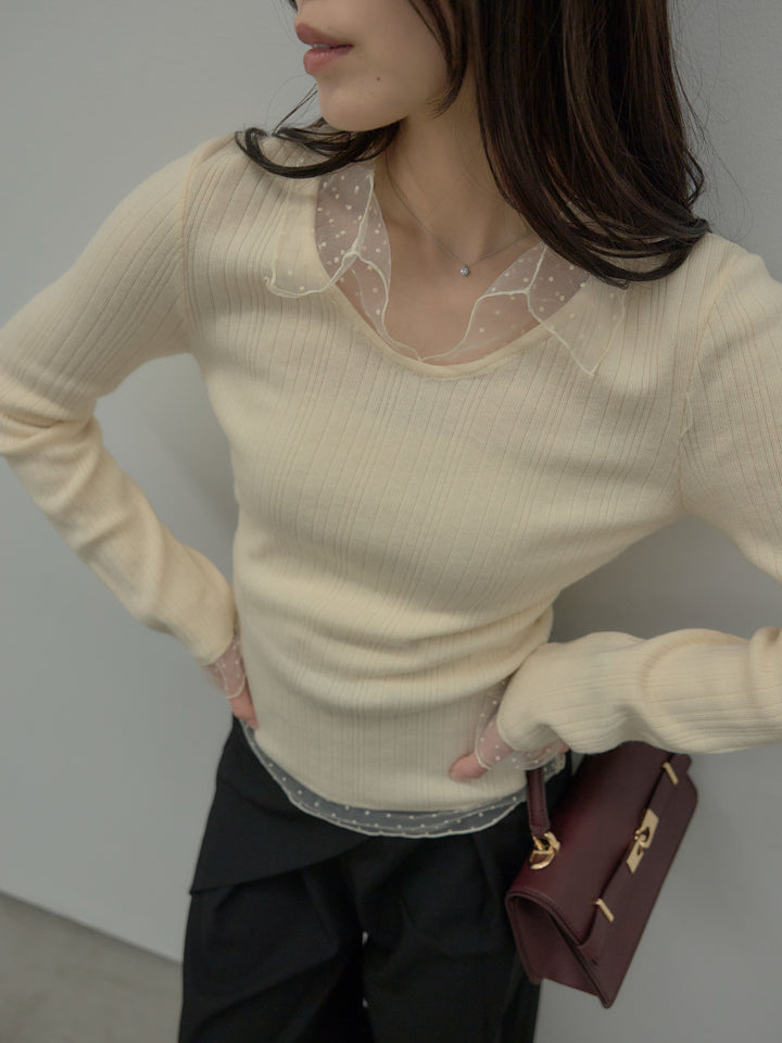 【SET】ドットチュールデザインニットトップス +ウエストラップワイドパンツ(2set)