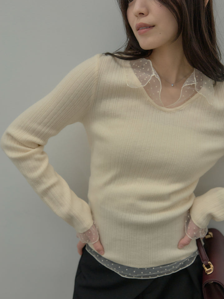 ドットチュールデザインニットトップス
