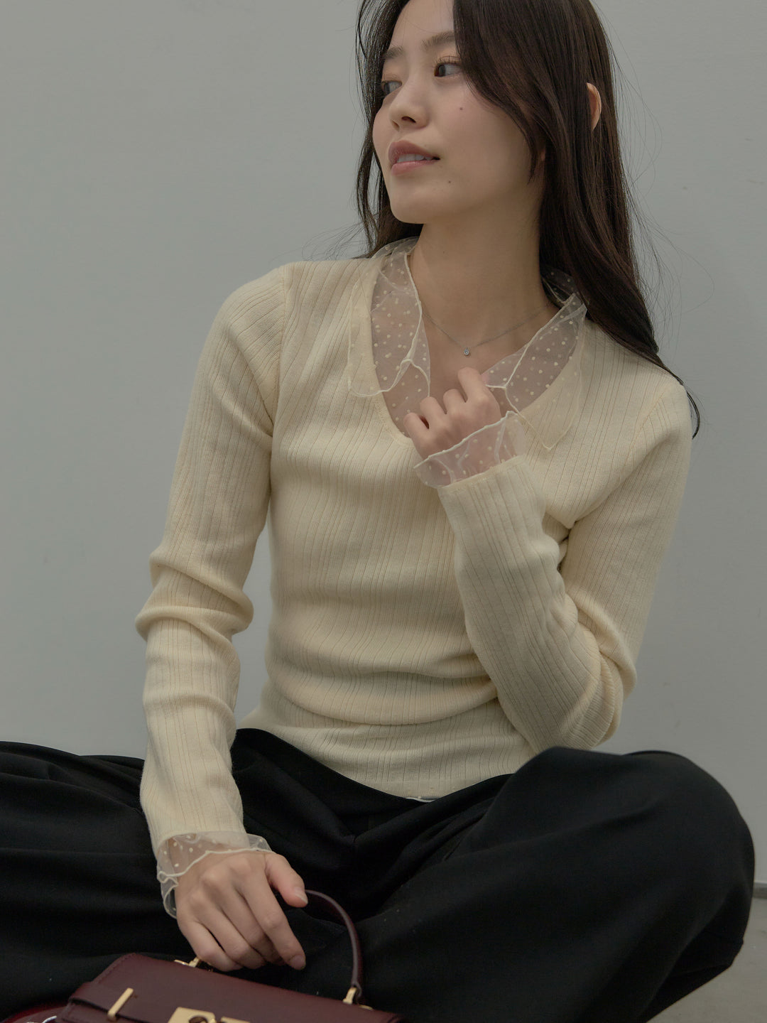 【SET】ドットチュールデザインニットトップス +ウエストラップワイドパンツ(2set)