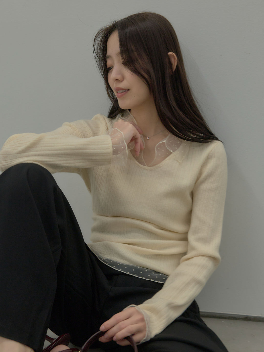 ドットチュールデザインニットトップス