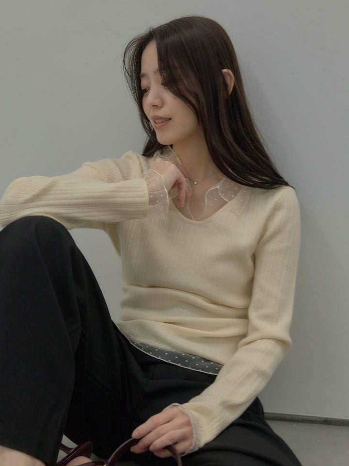 【SET】ドットチュールデザインニットトップス +ウエストラップワイドパンツ(2set)