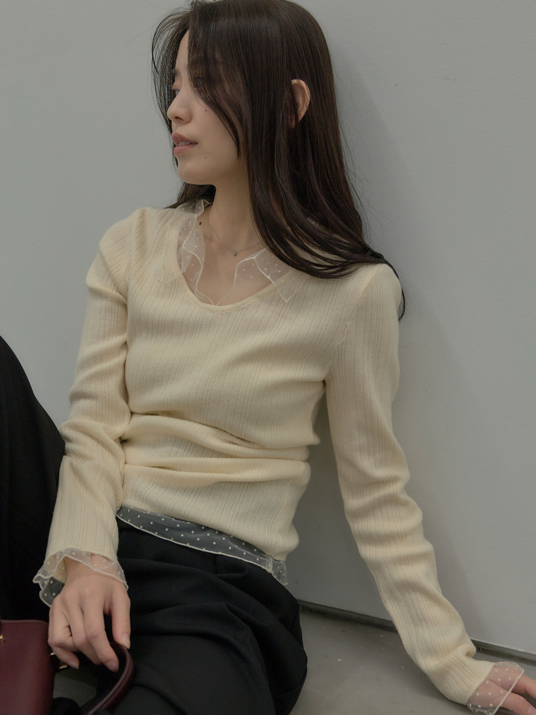 【SET】ドットチュールデザインニットトップス +ウエストラップワイドパンツ(2set)