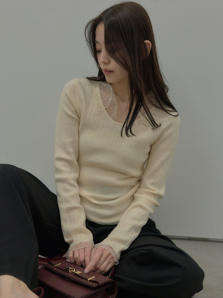 【SET】ドットチュールデザインニットトップス +ウエストラップワイドパンツ(2set)