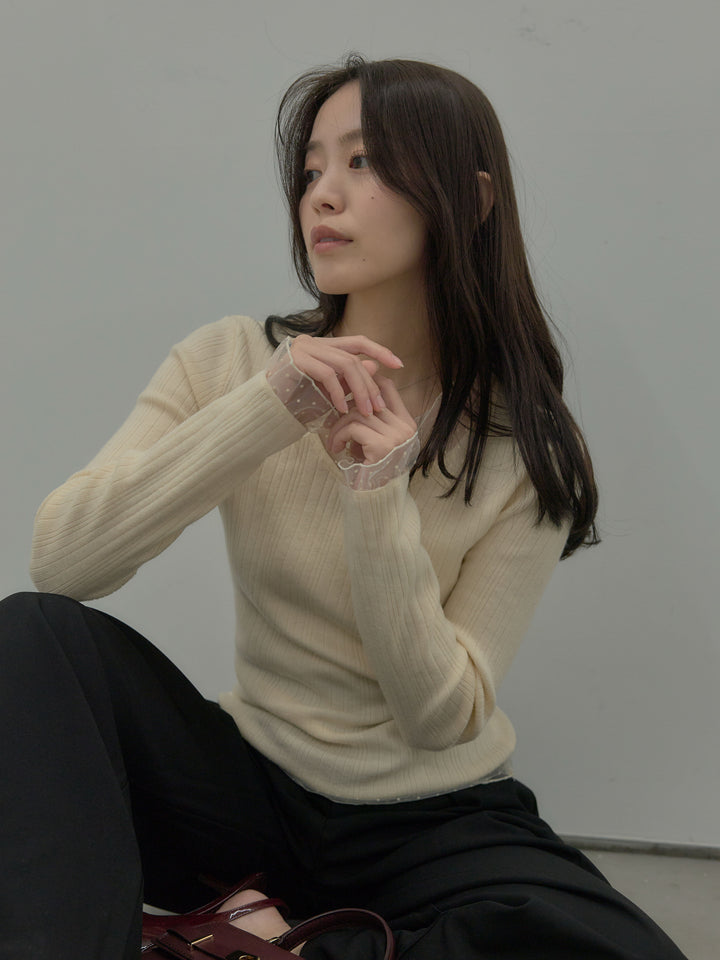 【SET】ドットチュールデザインニットトップス +ウエストラップワイドパンツ(2set)