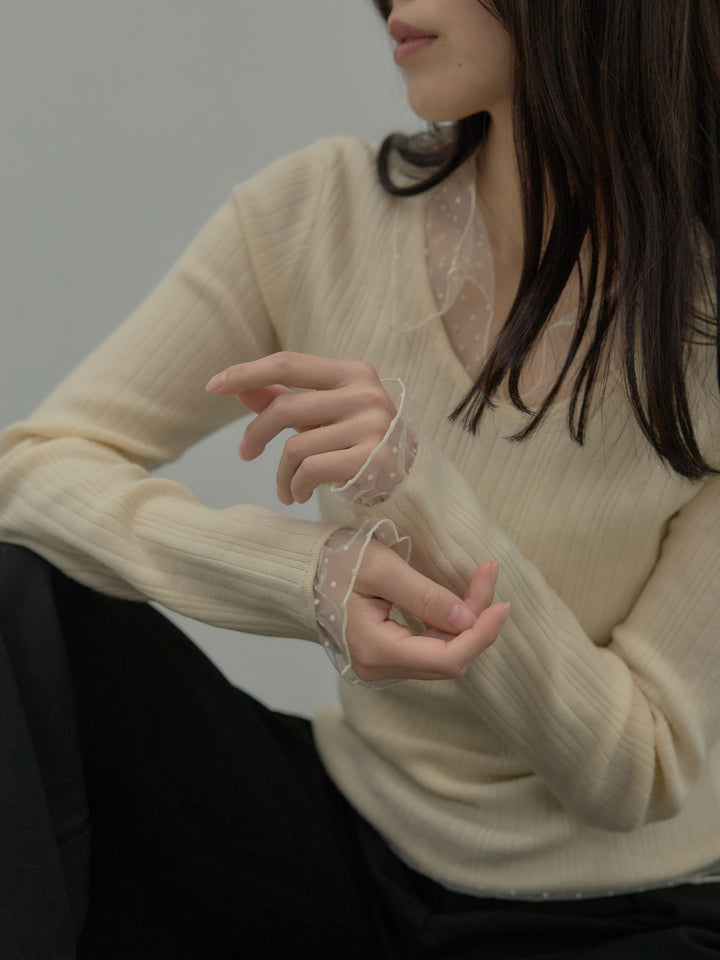 【SET】ドットチュールデザインニットトップス +ウエストラップワイドパンツ(2set)