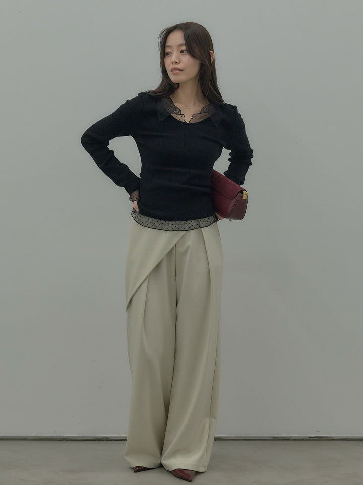 【SET】ドットチュールデザインニットトップス +ウエストラップワイドパンツ(2set)