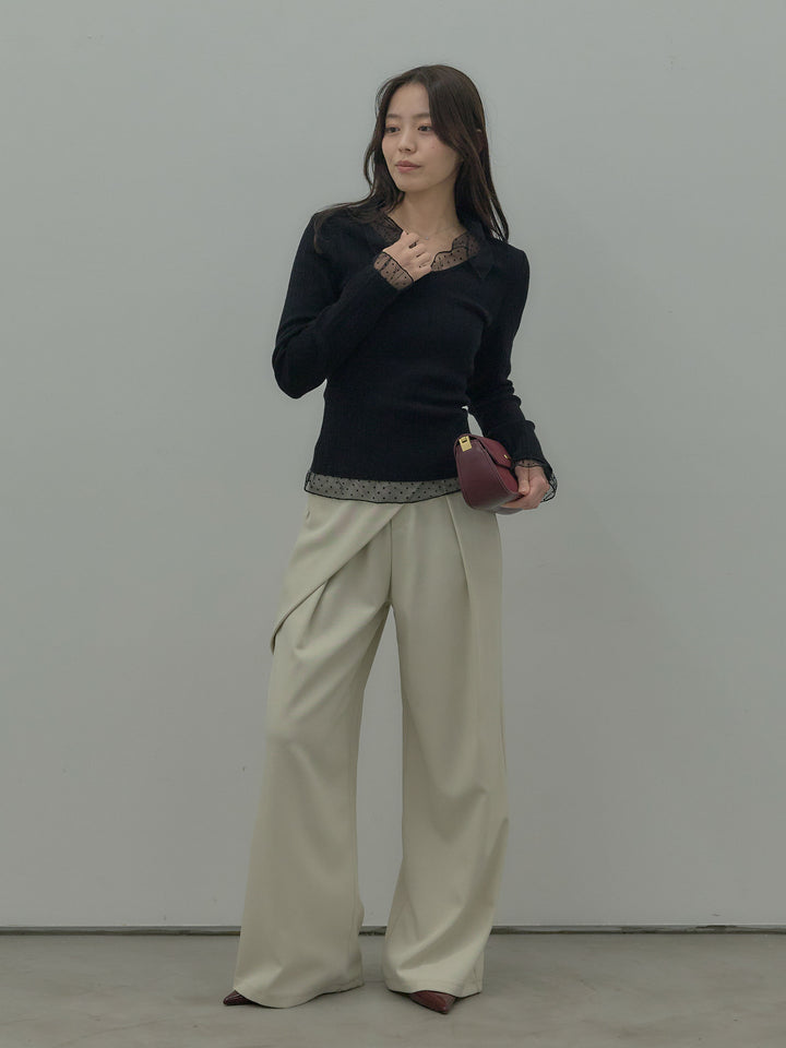 【SET】ドットチュールデザインニットトップス +ウエストラップワイドパンツ(2set)