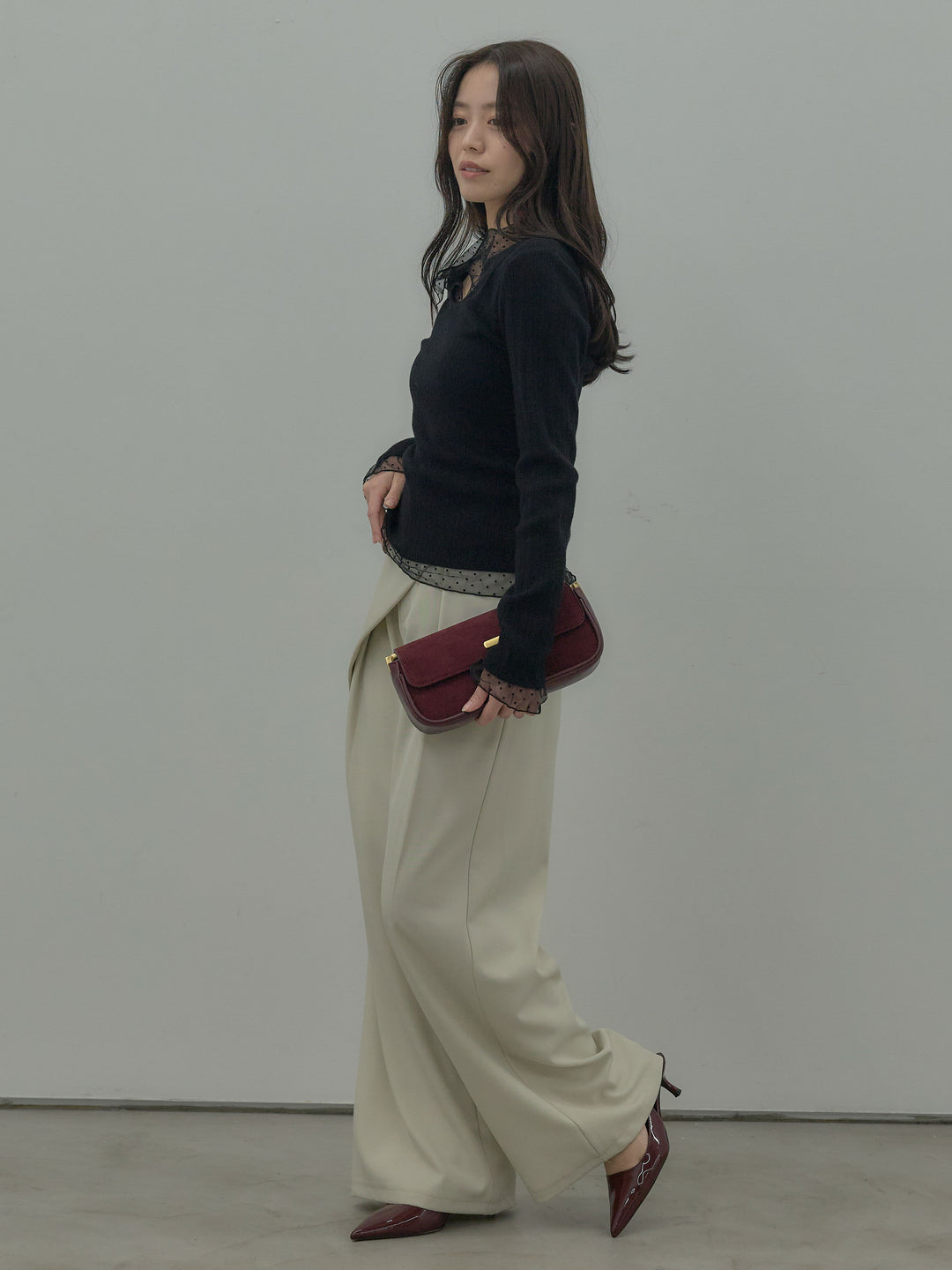 【SET】ドットチュールデザインニットトップス +ウエストラップワイドパンツ(2set)