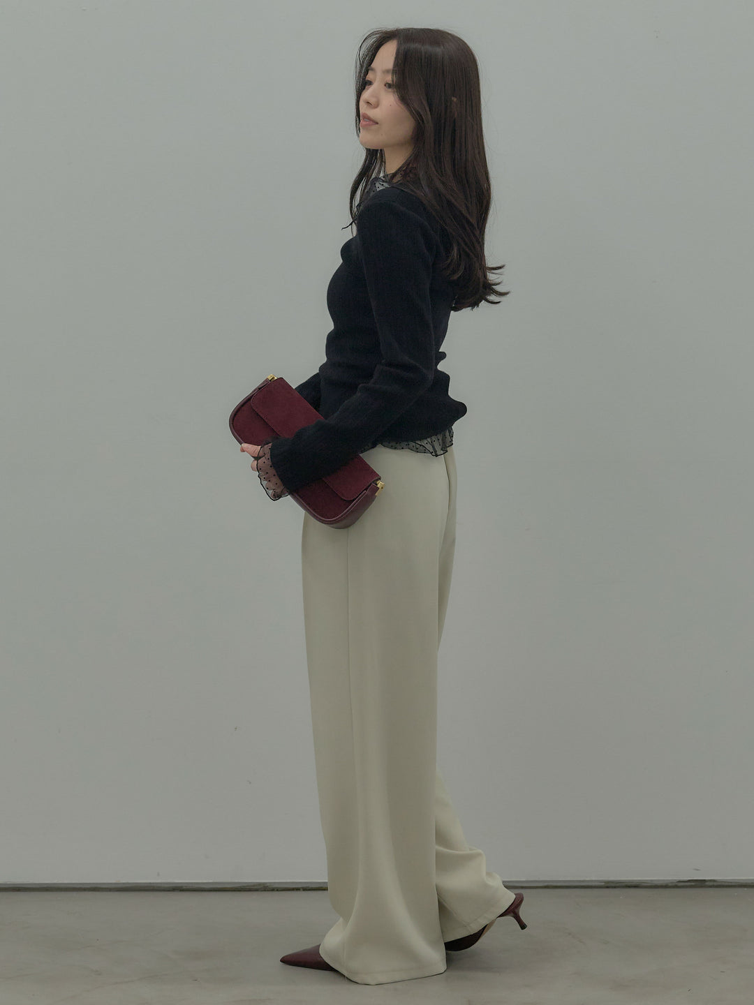 【SET】ドットチュールデザインニットトップス +ウエストラップワイドパンツ(2set)