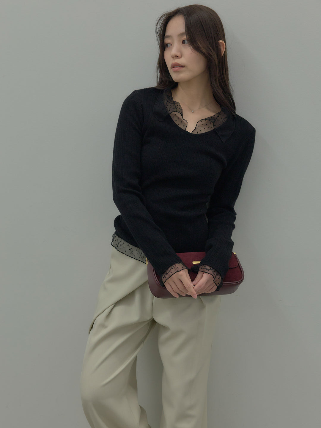 ドットチュールデザインニットトップス