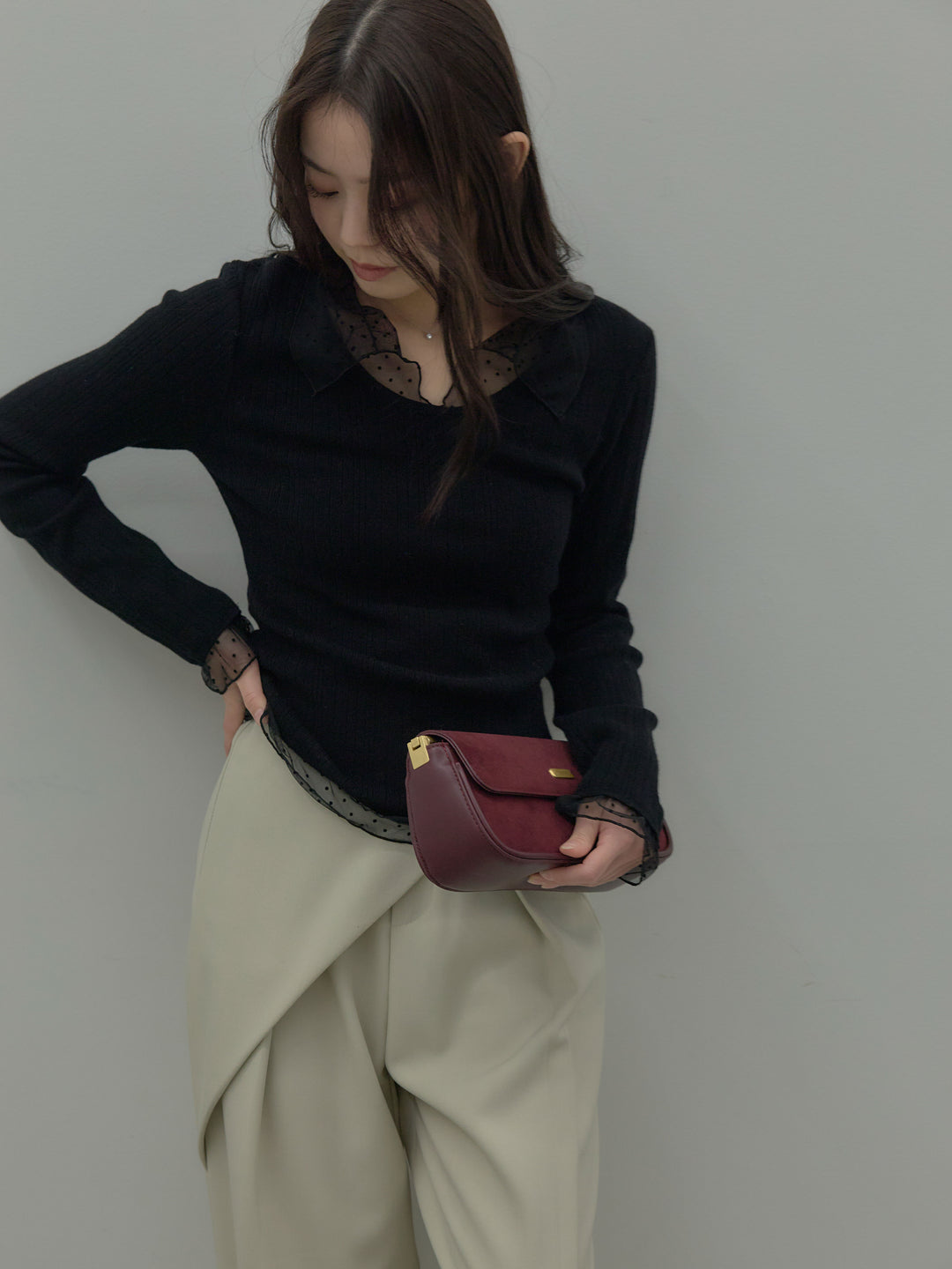 ドットチュールデザインニットトップス