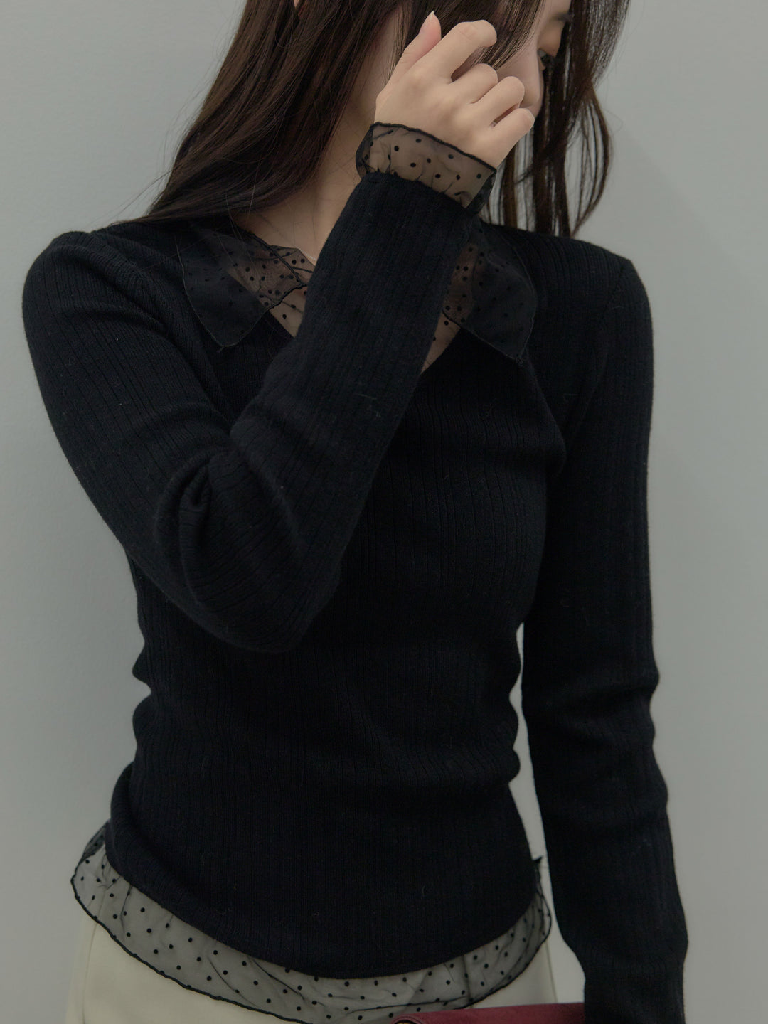 ドットチュールデザインニットトップス