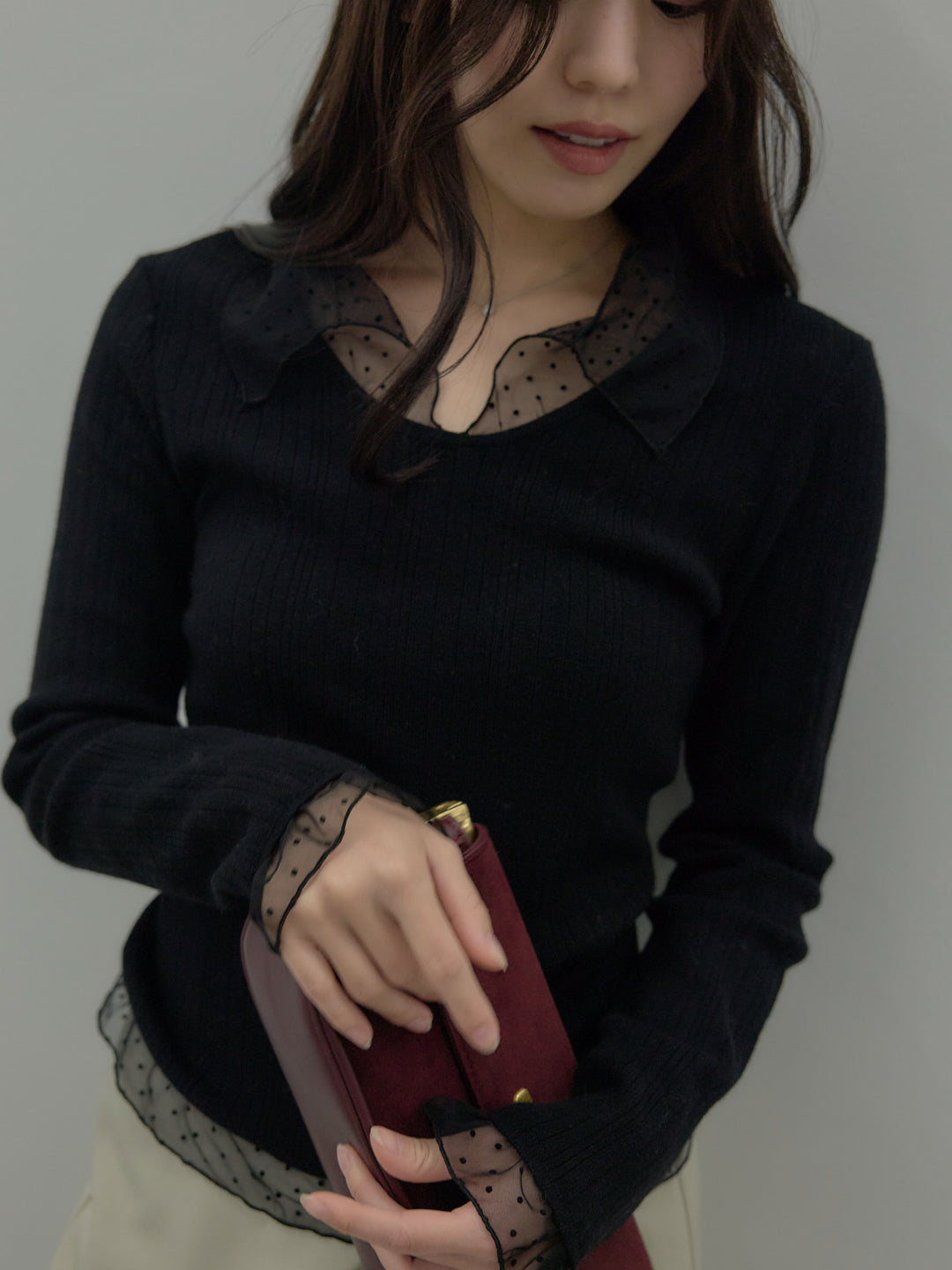 ドットチュールデザインニットトップス